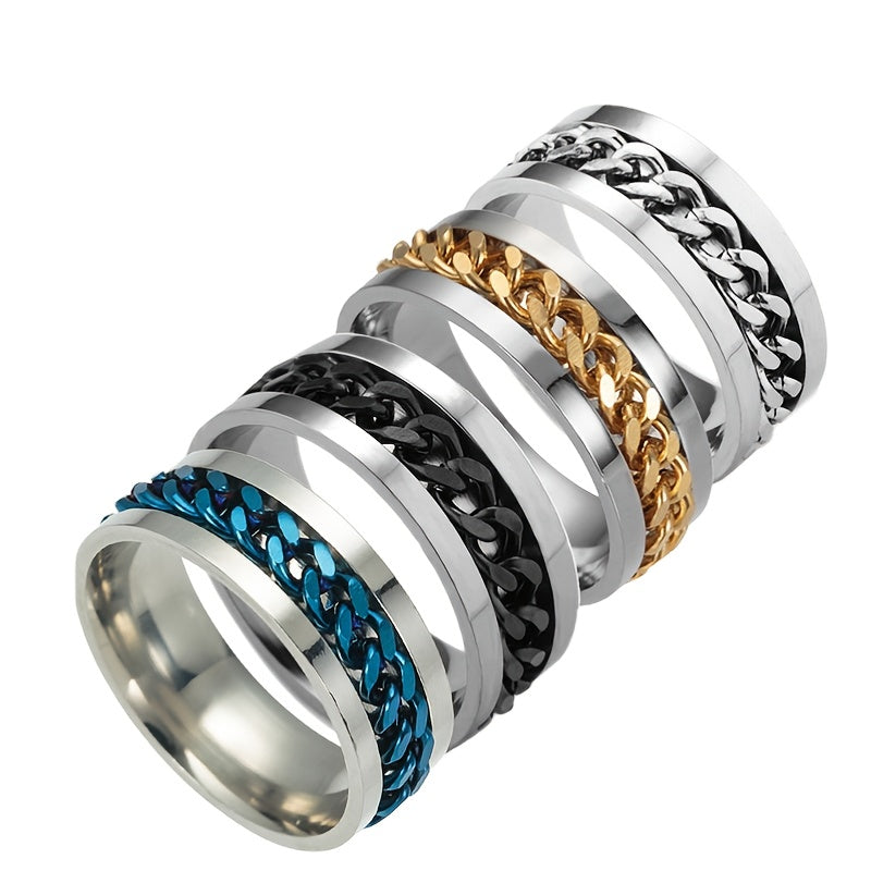 Men's Titanium Steel Chain Decor Rotatable Ring Couple Ring
