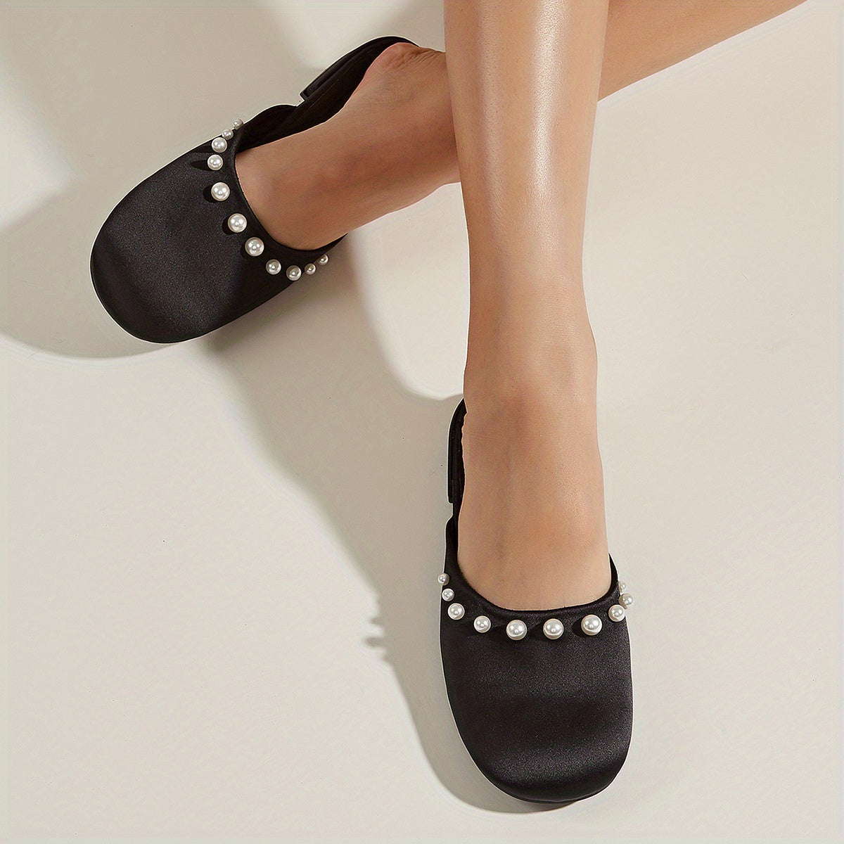 Pearl Decor Satin Mules Closed Toe Backless Loafers