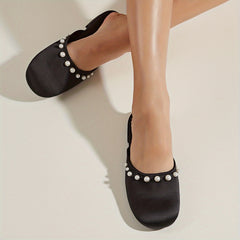 Pearl Decor Satin Mules Closed Toe Backless Loafers