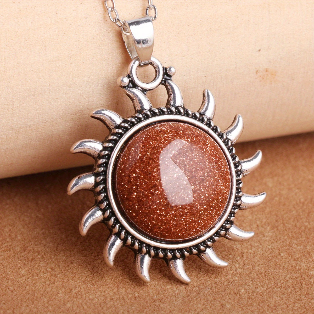 Natural Stone Sunflower Pendant Necklace Boho Style Neck Jewelry Gift