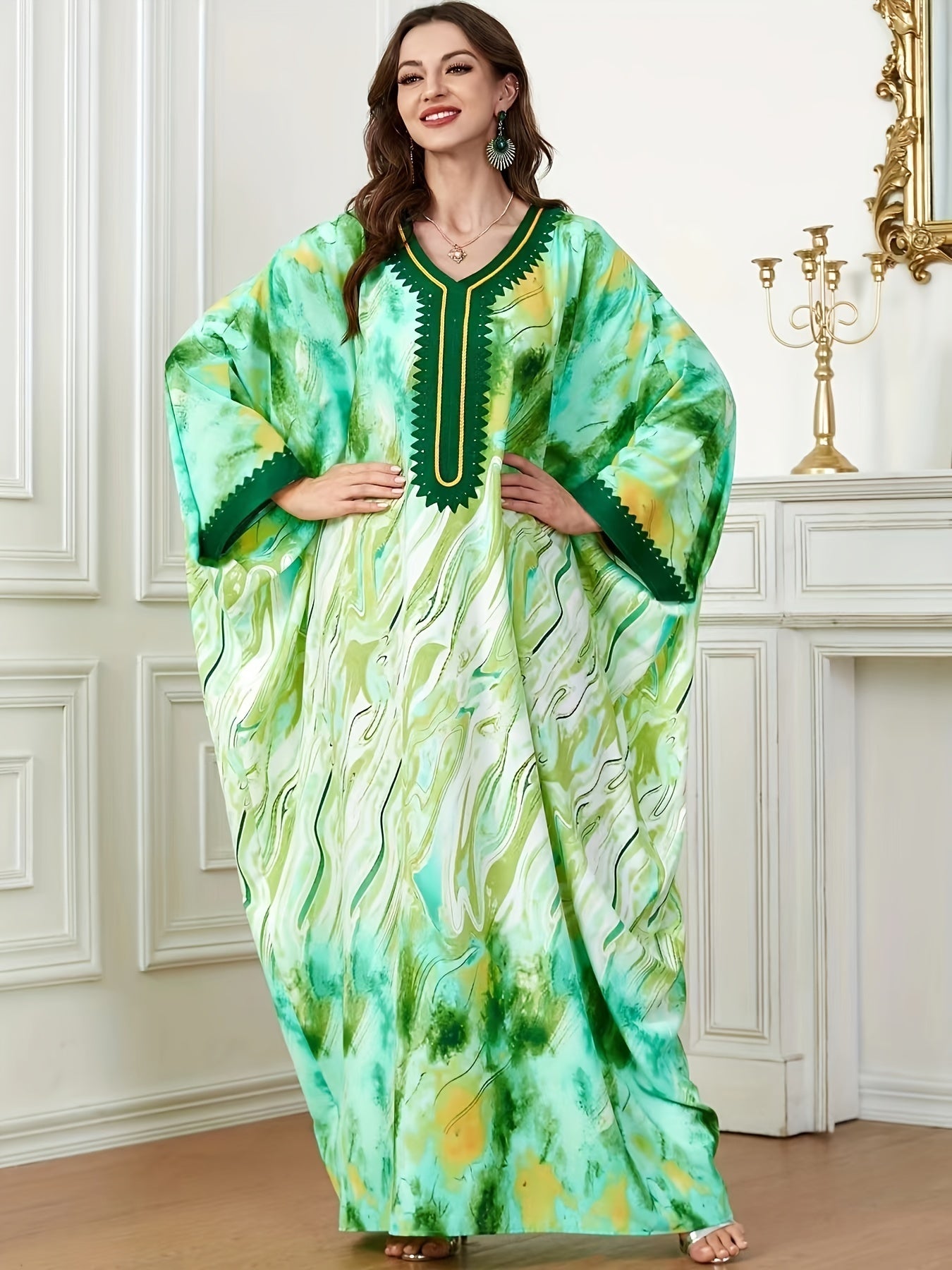  Abaya Dress Women's Plus Tie Dye & Fluid Print Batwing Sleeve V Neck
