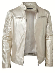Stylish PU Biker Jacket Men's Casual Zip Up Faux Leather Jacket