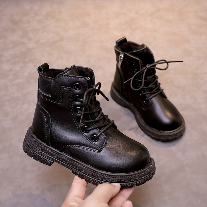 Girls Lace Up Zipper Boots Non Slip Plus Fleece for Autumn Winter