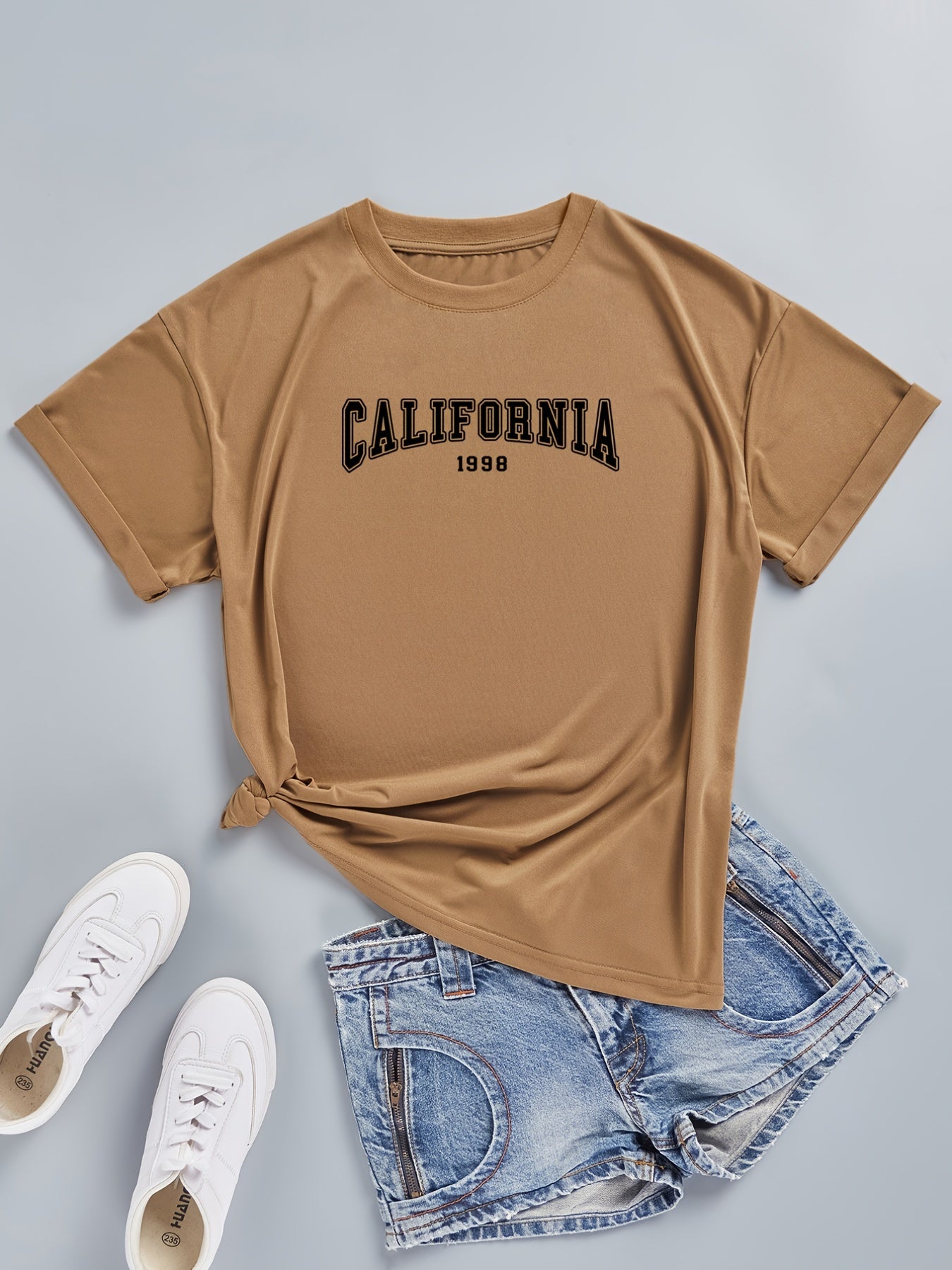 Solid Letter And Number Print T Shirt Crew Neck Short Sleeve Casual Top