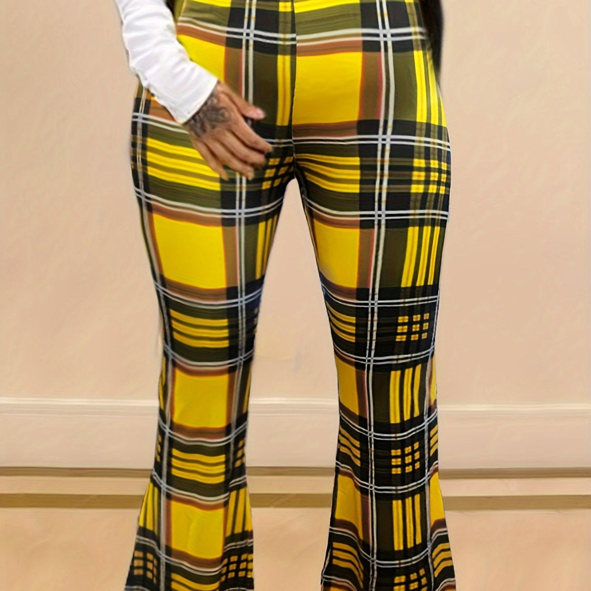  Plaid Print Flared Leg High Rise Pants