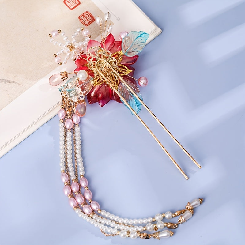 Hanfu Hairpin Faux Pearl Flower Leaf Tassel Chignon Vintage Chinese Style Cheong
