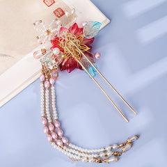 Hanfu Hairpin Faux Pearl Flower Leaf Tassel Chignon Vintage Chinese Style Cheong
