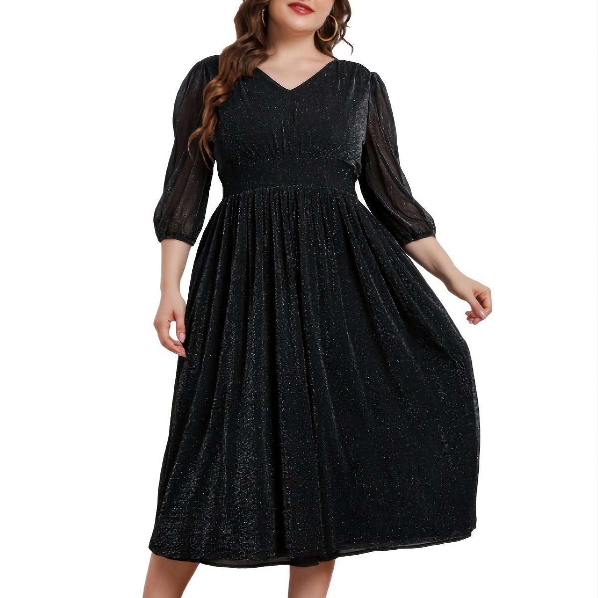  V Neck 3 4 Lantern Sleeve Midi Dress