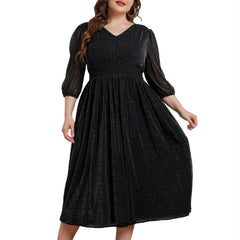 V Neck 3 4 Lantern Sleeve Midi Dress