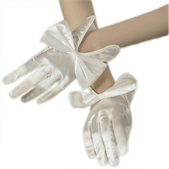 Bride Short Satin Elastic Big Bow Wedding Gloves Red Beige