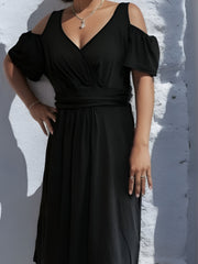  Solid Cold Shoulder Ruched Dress
