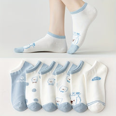 5 Pairs Cartoon Bear & Plaid Striped Ankle Socks Women's Stockings