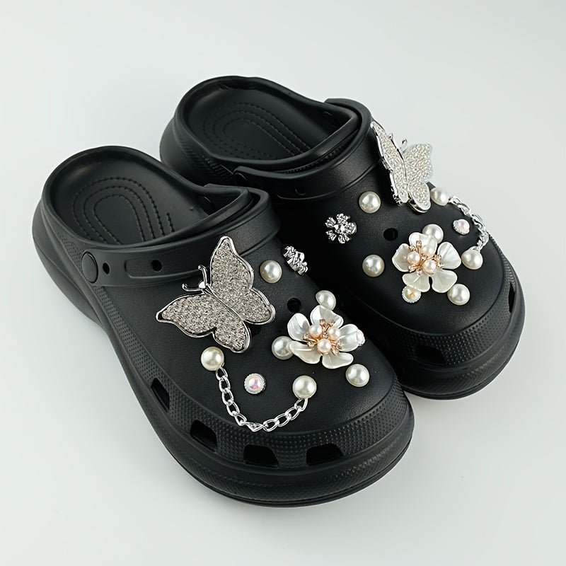 Charms Bling Shoe Decorations Flower&Silver Butterfly Faux Pearl Accessories