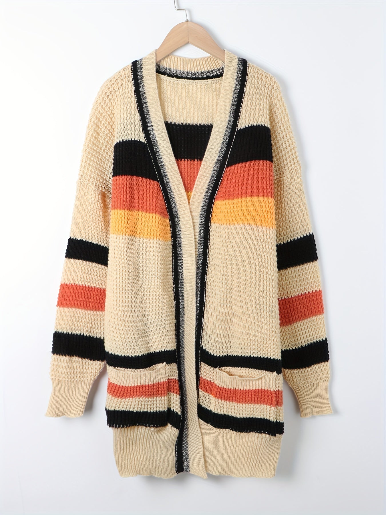  Striped Long Sleeve Open Front Cardigan with Pockets