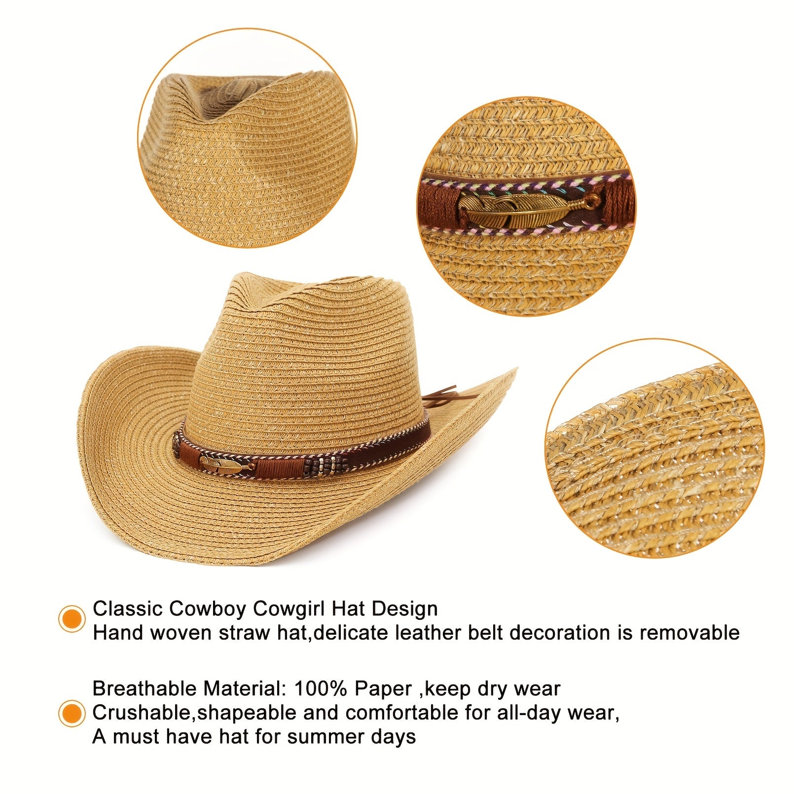 Khaki Sunshade Cowboy Hat for Outdoor Beach Travel