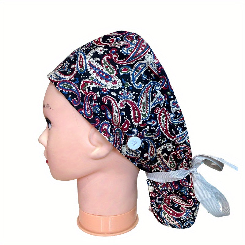Floral Paisley Print Work Cap Vintage Adjustable Scrub Cap