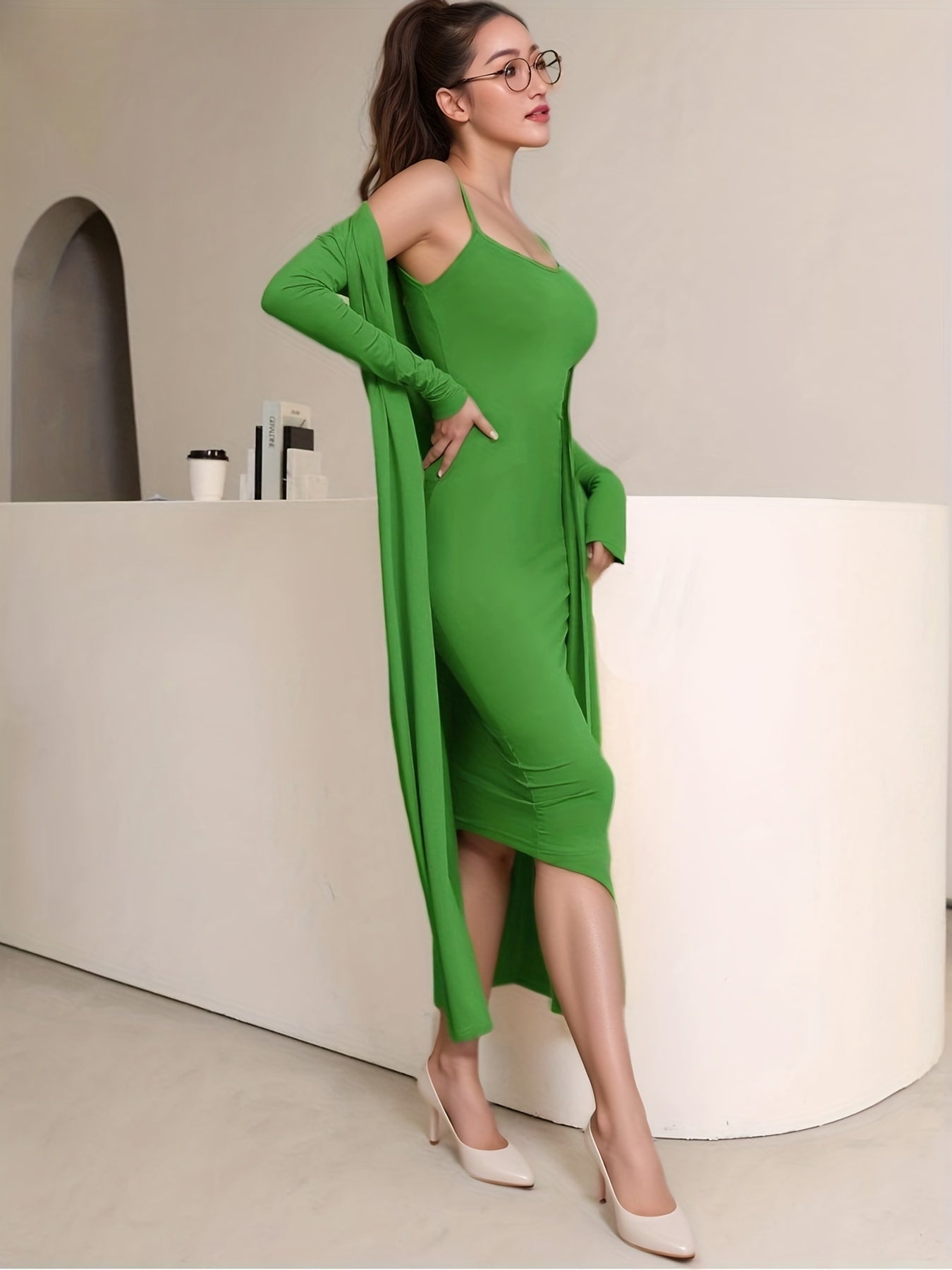  Solid Cami Dress & Cardigan Two Piece Set