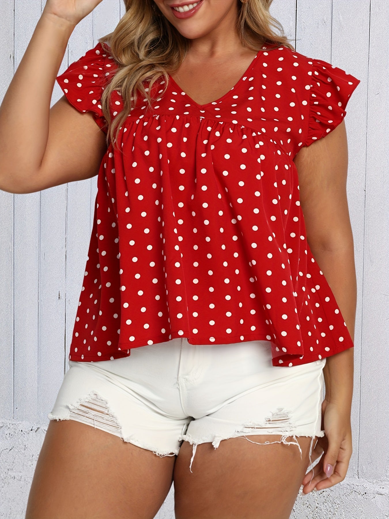  Polka Dot Print Ruffle Trim V Neck Tank Top