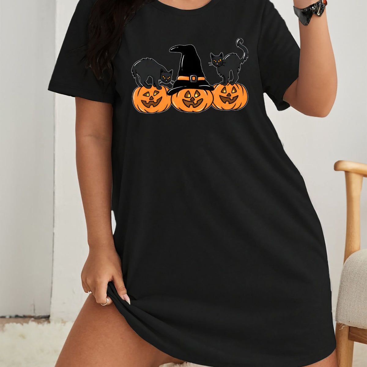  Halloween Lounge Dress Cat & Pumpkin Print Short Sleeve Nightdress