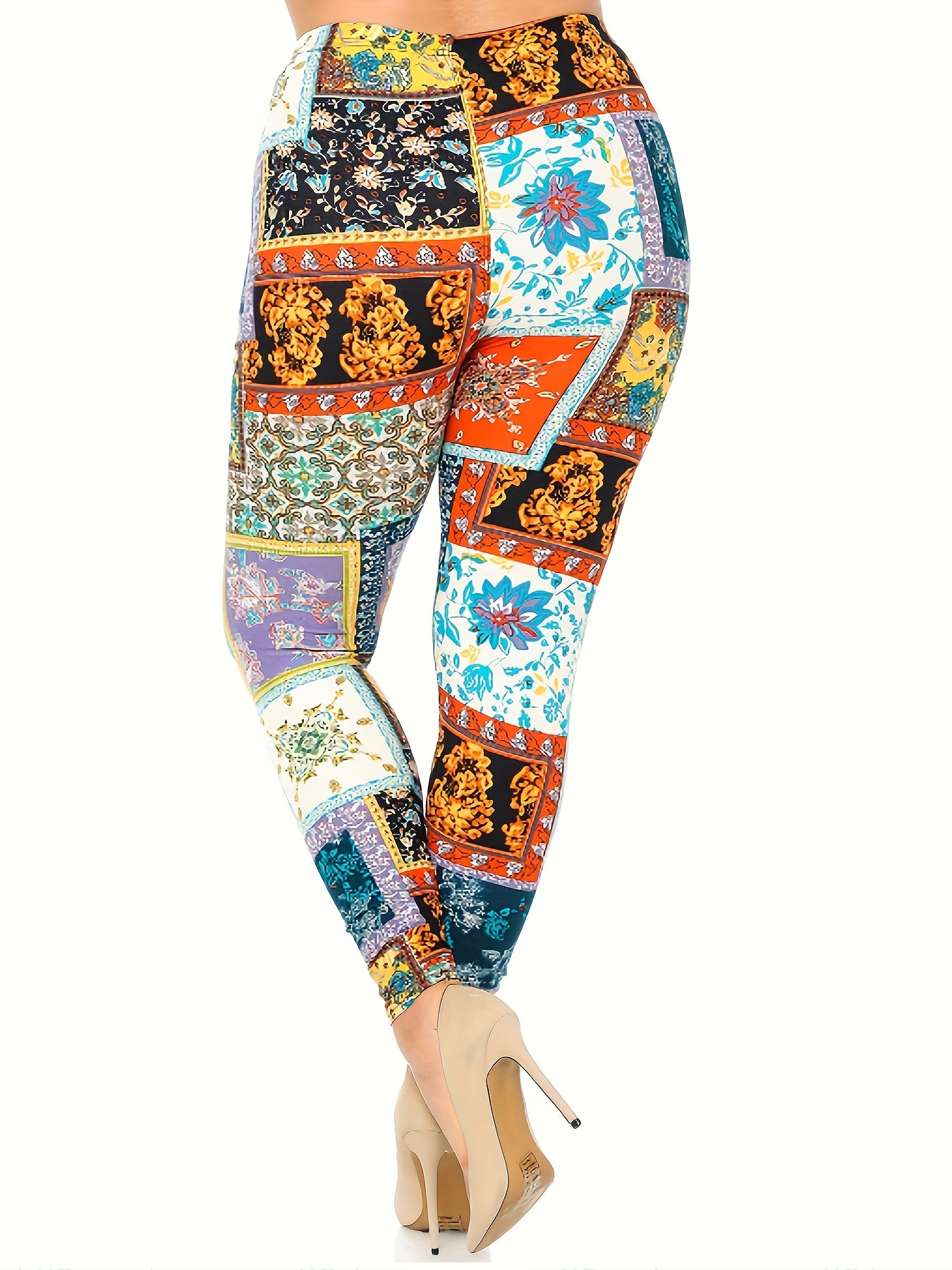 Boho Patchwork Print Plus Size High Rise Leggings