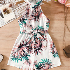 Girls' Leaf Print Halter Romper With Belt
