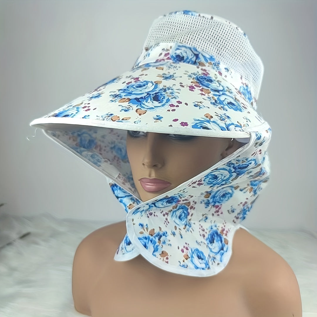 Flower Print Visor Wide Brim Sunscreen Ponytail Travel Beach Cap