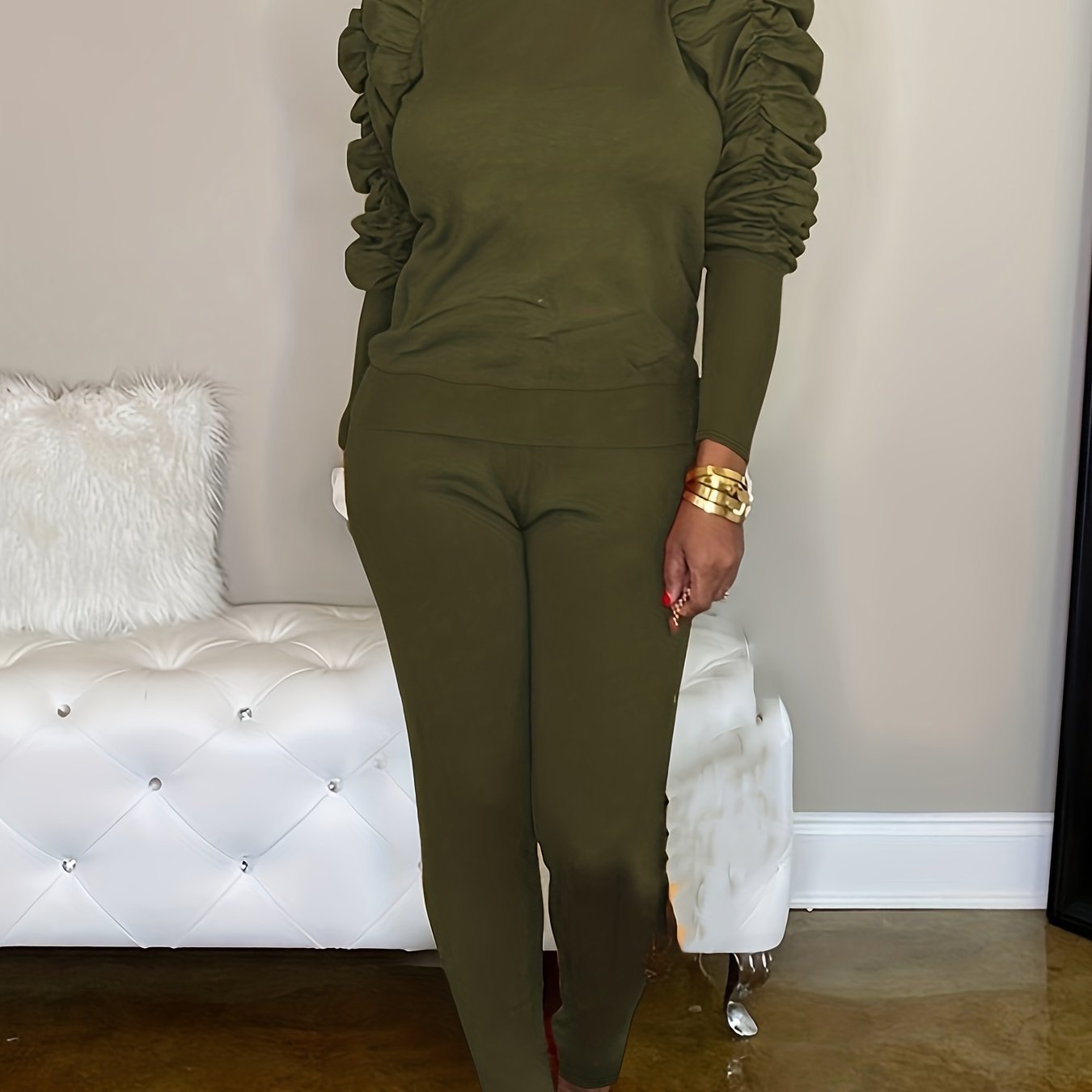  Puff Sleeve Top & Straight Leg Pants Set Solid 2pcs Outfit
