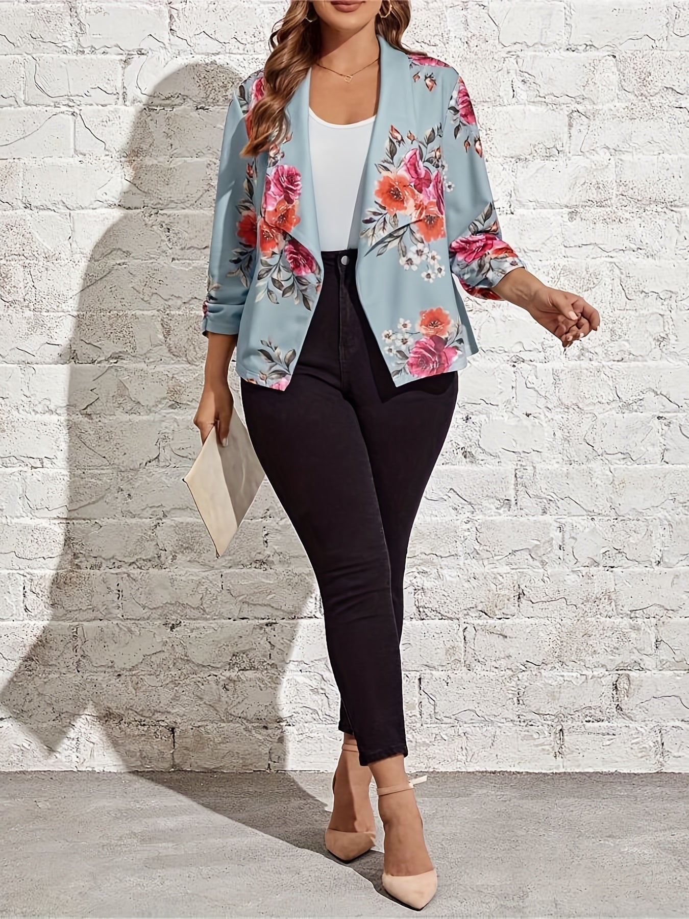  Floral Print Half Sleeve Blazer