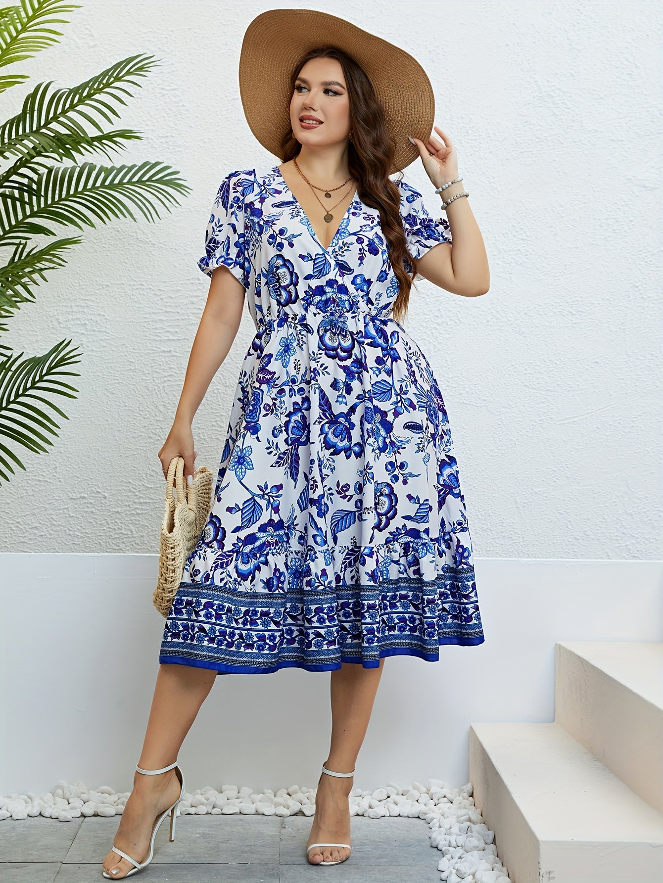  Colorblock Floral Print Puff Sleeve V Neck Midi Dress