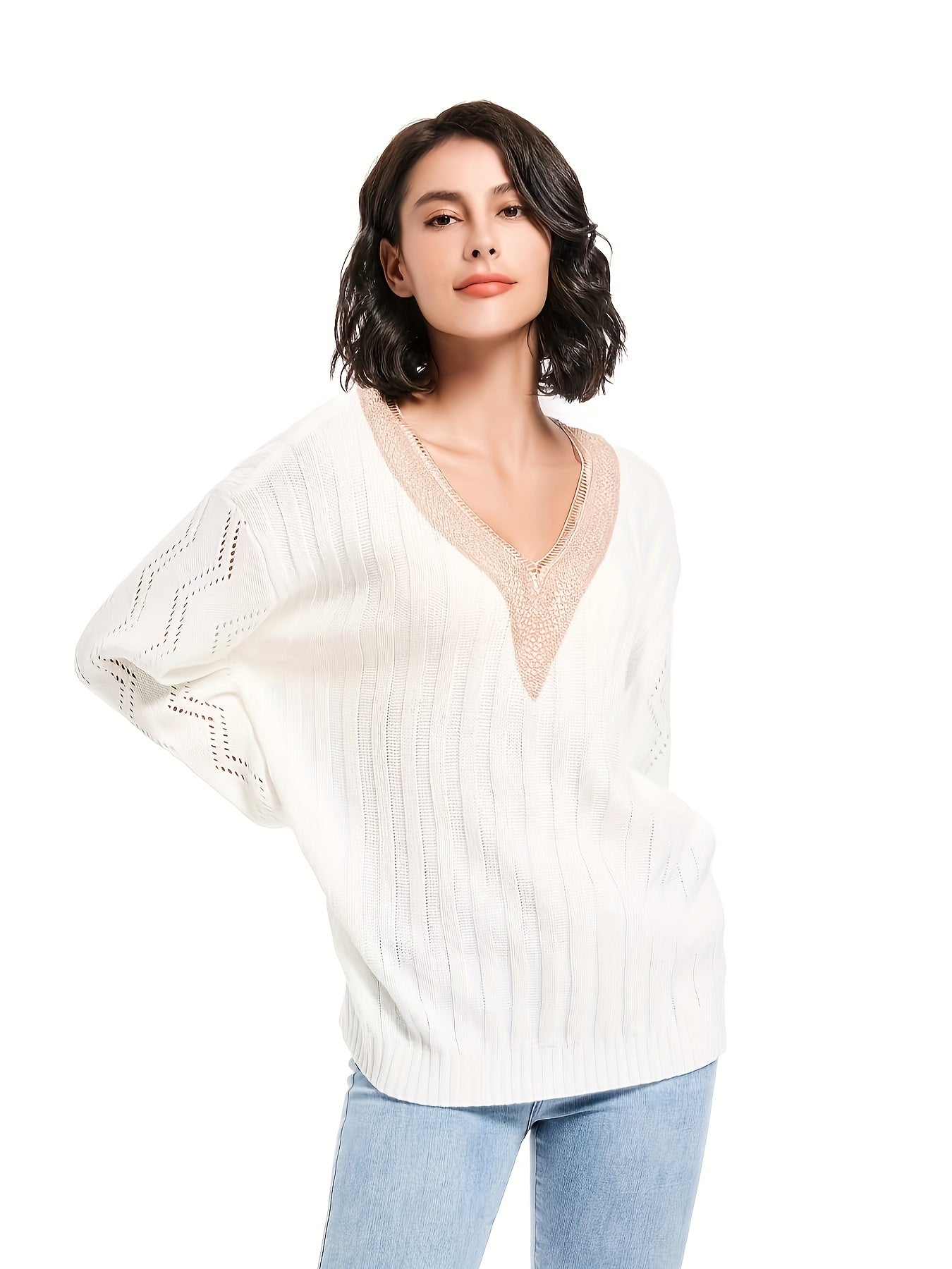  Ribbed Pointelle Applique V Neck Jumper