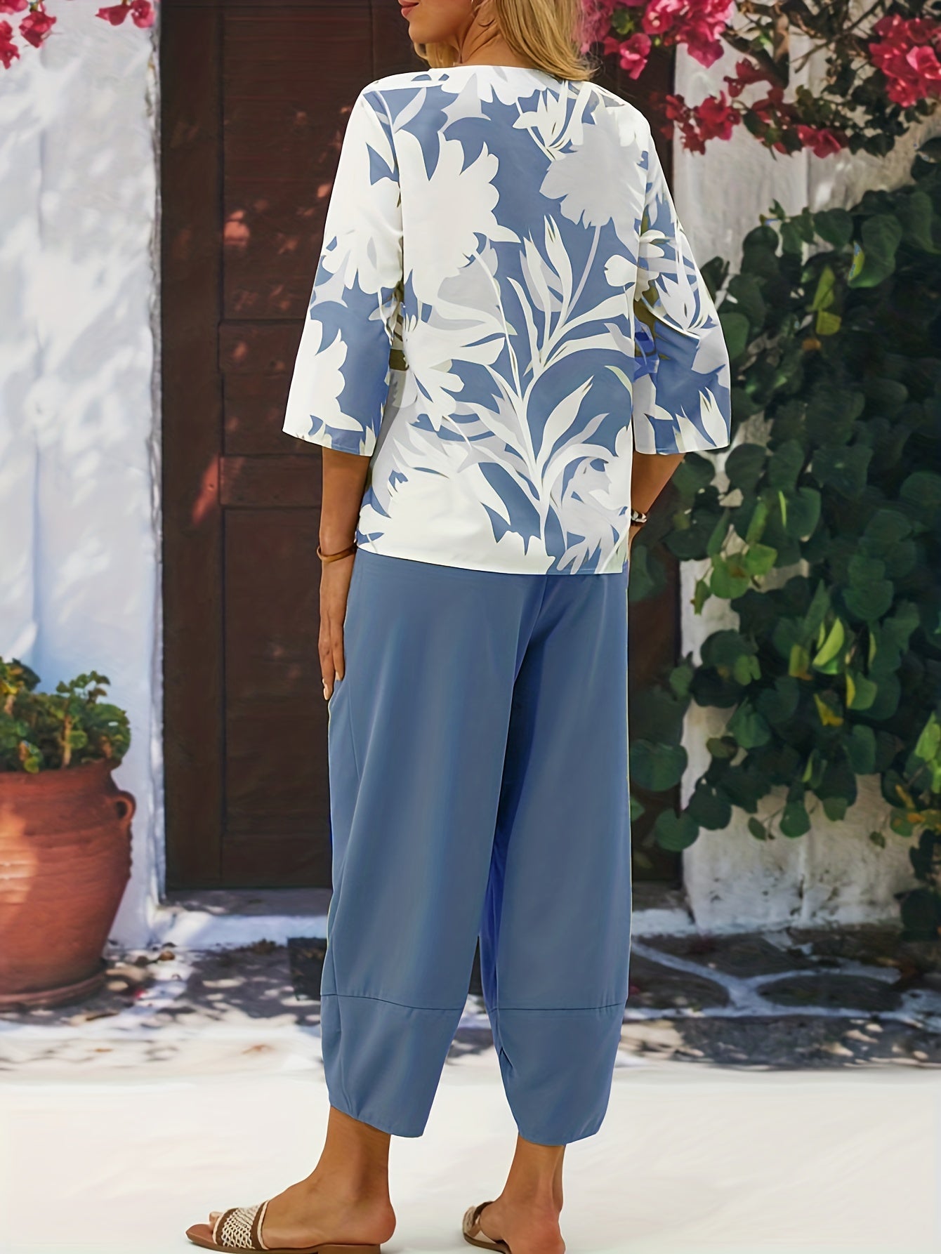 Plant Print 3/4 Sleeve Crew Neck Two Piece Set