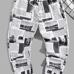 Newspaper Print Drawstring Sweatpants for Men