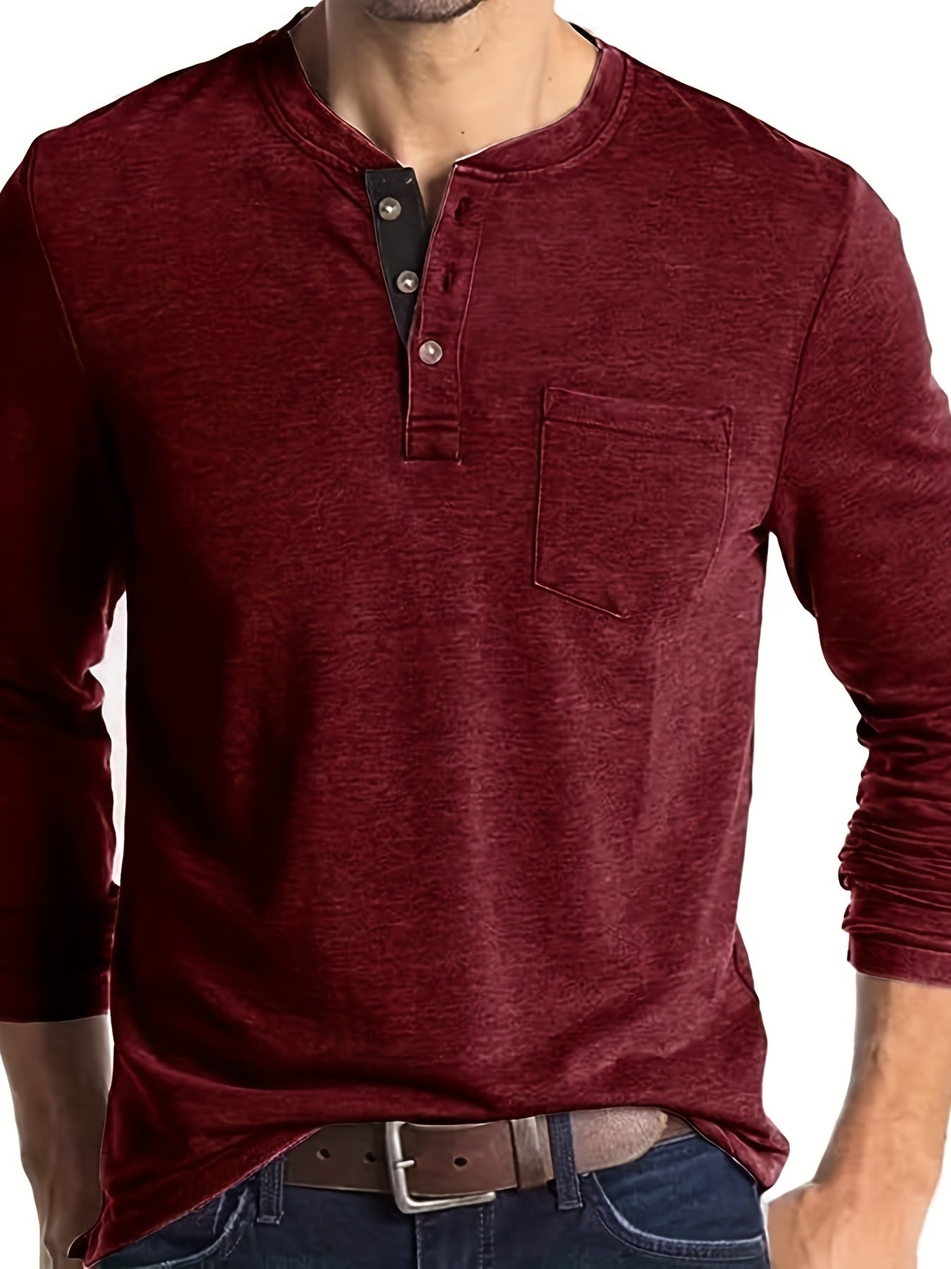 Men's Solid Long Sleeve Button T-shirt for Autumn