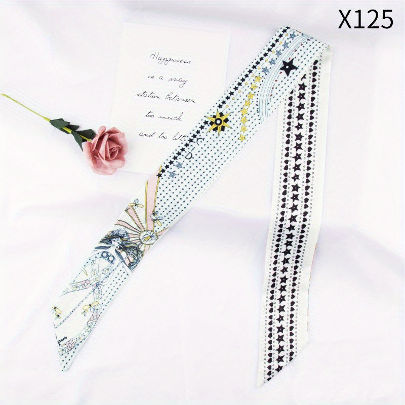 Flower Print Skinny Scarf Long Ribbon Neckerchief Silk Twilly Scarf