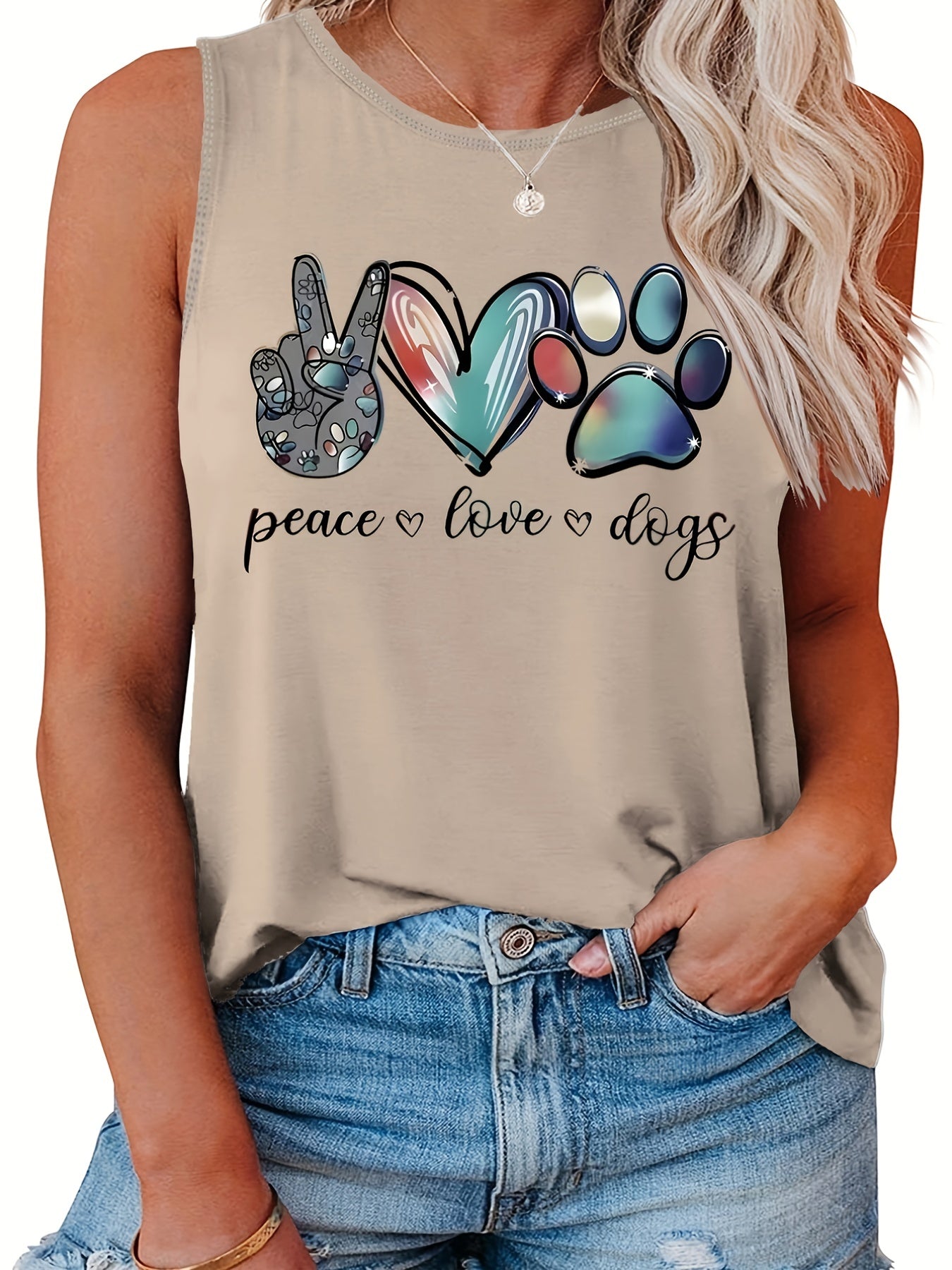  Casual Tank Top Women's Plus Art Letter & Heart Print