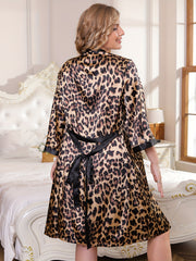 Leopard Print Satin Robe & Cami Dress Lounge Set