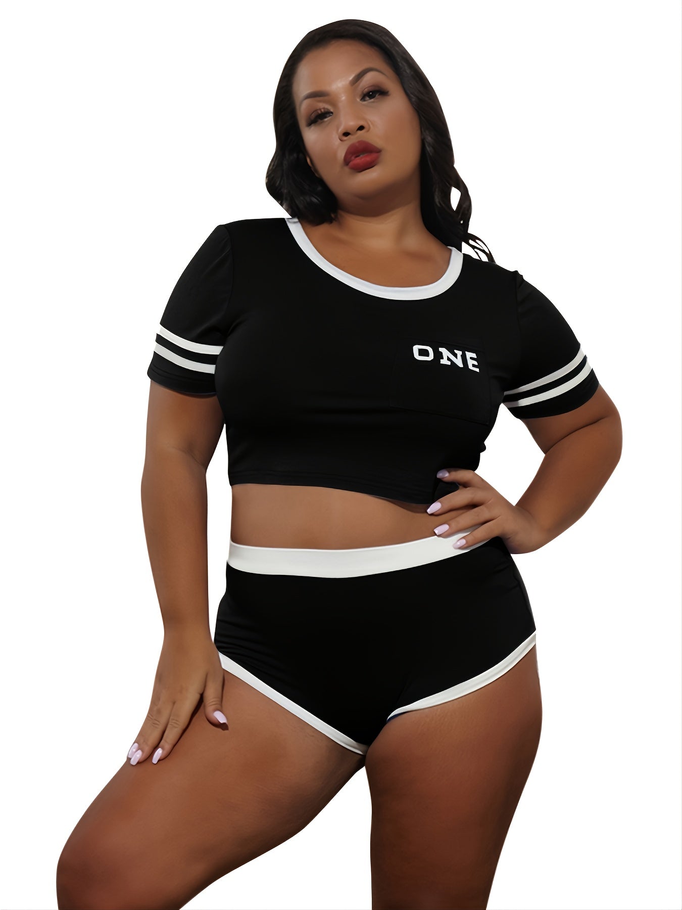  Y2K Colorblock Crop Top & High Waist Skinny Shorts Set