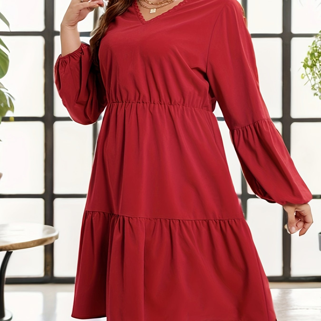 Plus Size Lace Sleeve Smock Dress V Neck