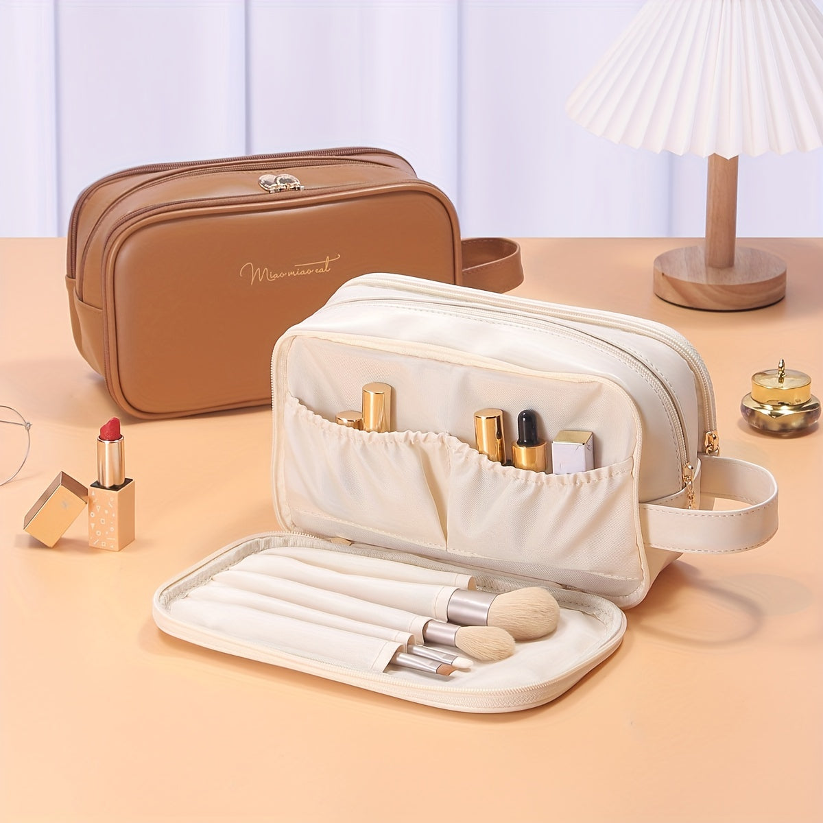 Portable Layer Cosmetic Bag Waterproof Makeup Brush Organizer PU Leather