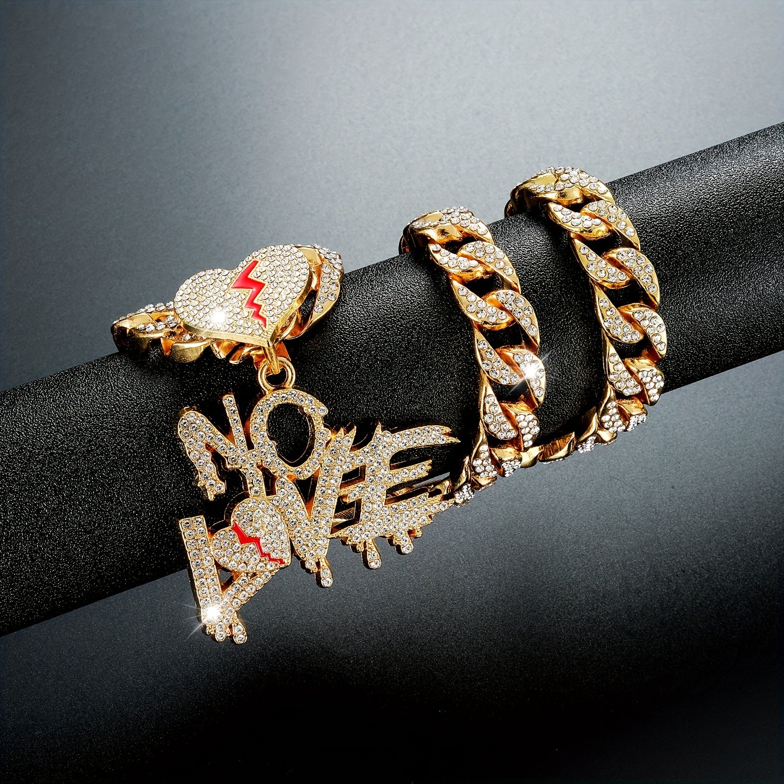 Silver Cuban Link Pendant Chain with Rhinestones