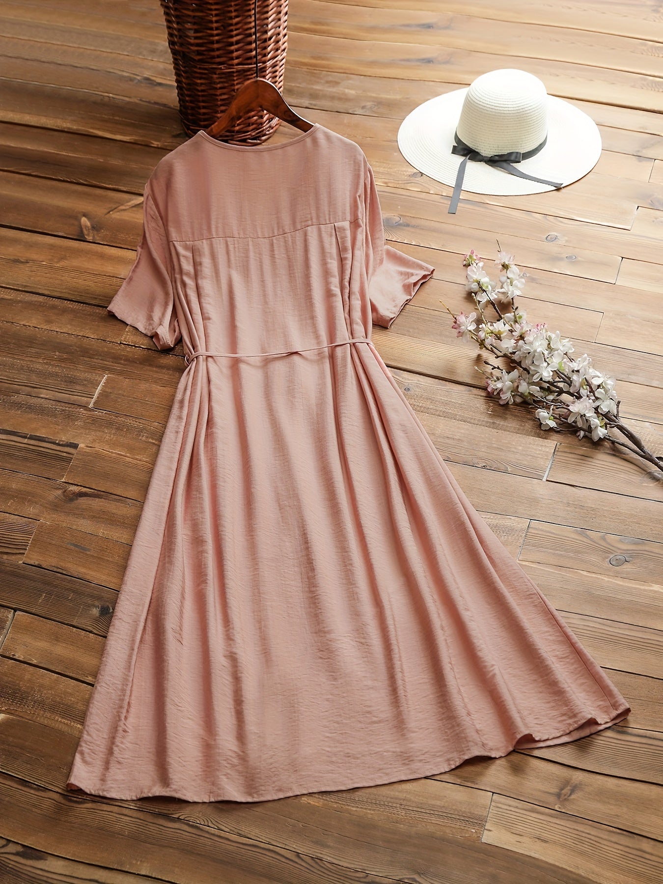  V-Neck Belted Pleated Dress