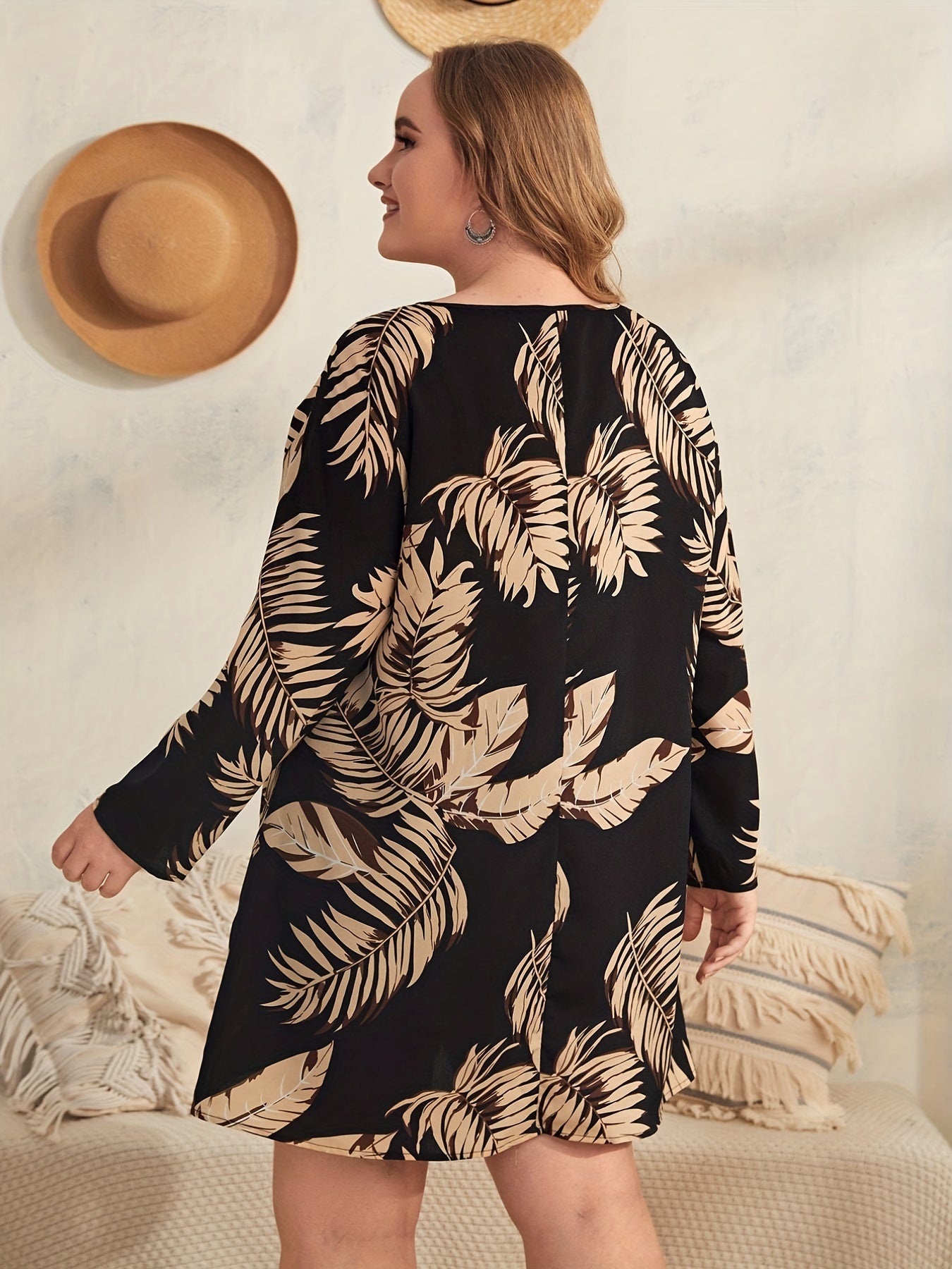  Tropical Print V-Neck Mini Dress Long Sleeve Loose Fit
