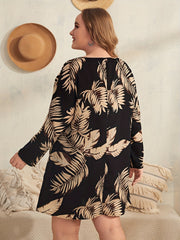  Tropical Print V-Neck Mini Dress Long Sleeve Loose Fit