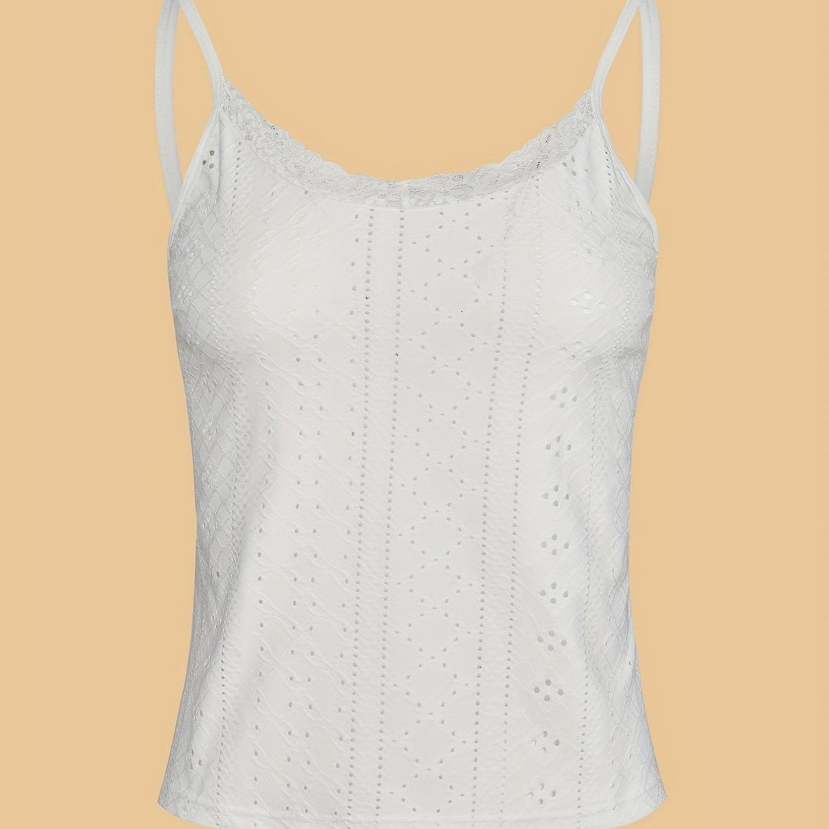 Eyelet Spaghetti Straps Cami Top with Lace Trim