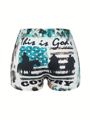  Cowboy & Slogan Print Tie Dye High Rise Stretch Shorts