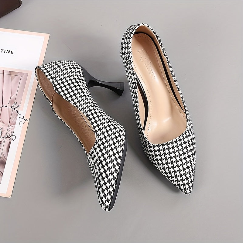 Women's Houndstooth Stiletto Heels Pointed Toe Dress Pumps