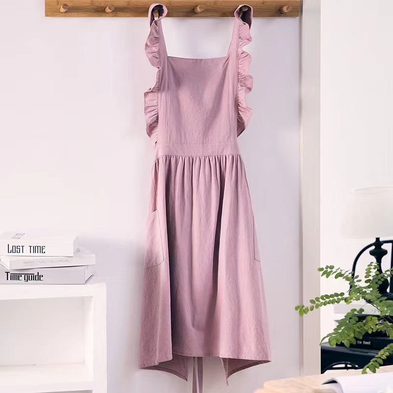 Ruffled Linen Apron X Back Apron with Pockets