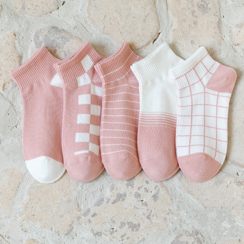 5 Pairs Cartoon Bear & Plaid Striped Ankle Socks Women's Stockings