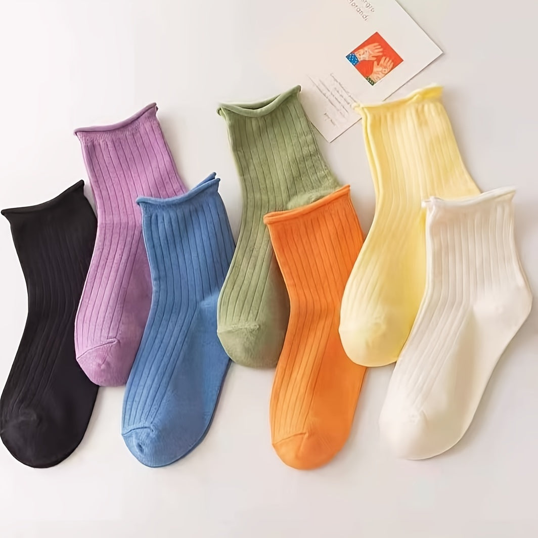 7 Pairs Solid Curling Socks Women's Mid Tube Stockings Soft & Comfy Hosiery