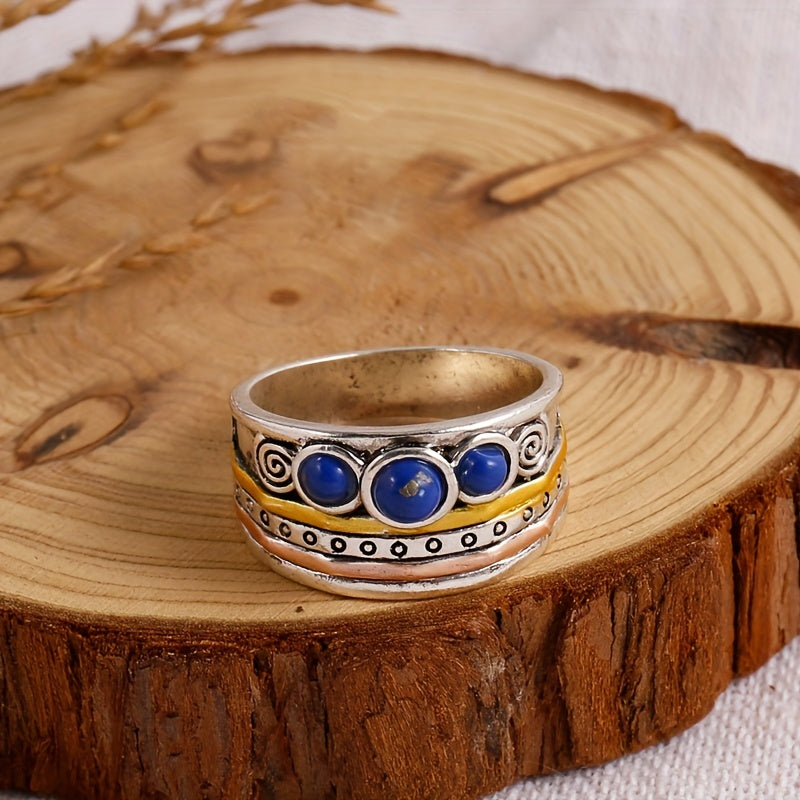Lapis Lazuli Ring Three Tone Meditation Spinning Band Silver Plated